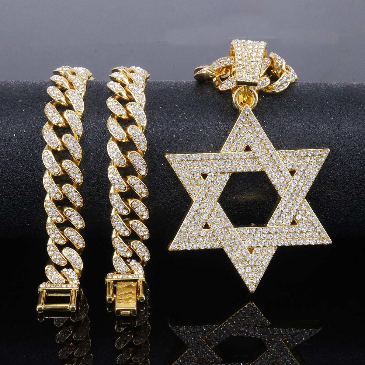 ✨ Iced Out Hexagram Star Pendant Necklace Set - Hip Hop Pavé Stones Chain 💎